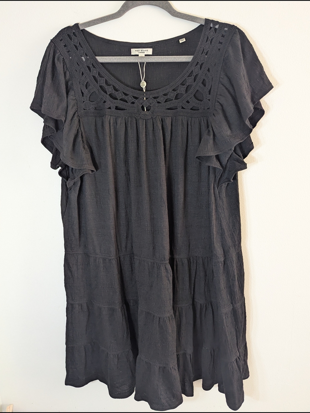 NWT Max Studio London 1X Black Crochet Boho Tiered Babydoll Tunic Dress Plus - Picture 2 of 7